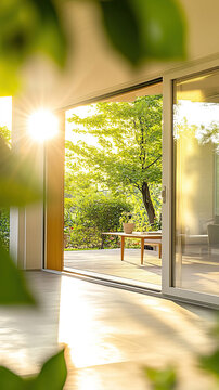 Blick vom Wohnraum auf eine moderne Terrasse mit gr&uuml;nem Garten durch offene Glasschiebet&uuml;ren