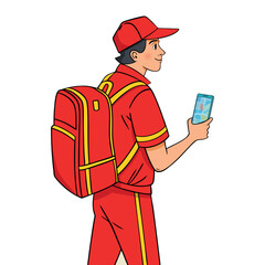 A delivery man check the delivery location on the phone on white background