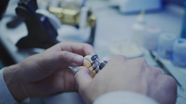 A dental technician grinds a veneer on a dental model