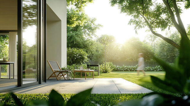 Moderne Terrasse mit Blick in den gr&uuml;nen Garten, in dem eine Person in Bewegung zu sehen ist