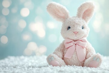 Fototapeta premium Adorable baby bunny with bow on soft background for spring decor or children's room