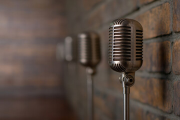 Vintage microphones lined up against rustic brick wall, creating nostalgic atmosphere perfect for jazz studio or music venue