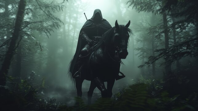 Mystical Warrior Journey: Dark Fantasy 3D Render of Fierce Rider and Majestic Horse in Tension-Filled Forest