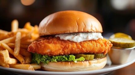 Delicious Fish Sandwich with Crispy Fries and Pickles