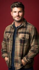 Obraz premium Smiling Caucasian man in a plaid jacket against a red backdrop.