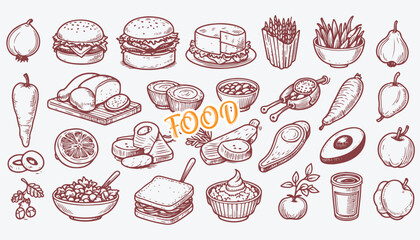 Retro Hand Drawn Food Collection with Desserts, Drinks, and Snacks