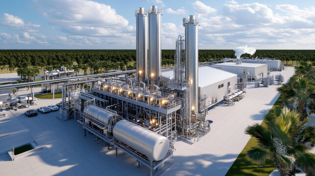 Advanced gasification plant with industrial equipment and storage tanks, surrounded by trees and clear sky, showcasing modern technology and energy production
