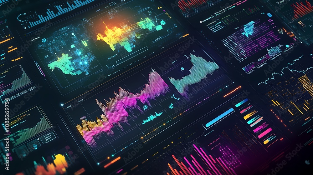 Poster futuristic data visualization: neon-lit graphs and charts on a digital interface