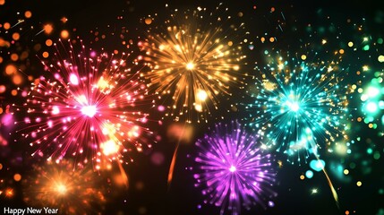 Vibrant Celebratory Fireworks Display in Pink and Teal with Holiday Greeting