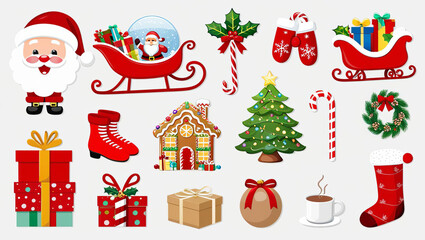 Fototapeta premium Festive Christmas elements including Santa, sleigh, gifts, and decorations create joyful holiday atmosphere. Perfect for seasonal designs and celebrations