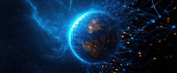 Obraz premium Stunning Digital Rendering of Earth Surrounded by a Network of Glowing Connections and Cosmic Elements Illustrating Technology and Innovation in Our Modern World