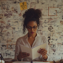 Fototapeta premium A focused woman reads a book while surrounded by artistic graffiti, displaying creativity and concentration in a vibrant environment.