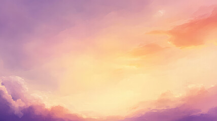 Naklejka premium Whimsical watercolor sky with gradients of soft orange, purple, and pink hues creates serene atmosphere. Perfect for evoking calmness and inspiration