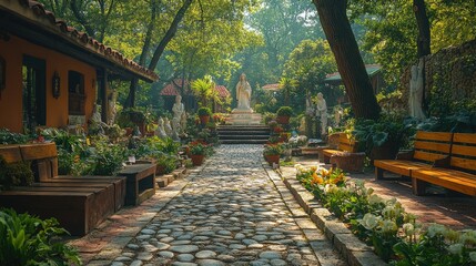 Obraz premium Serene garden path with stone statues and flowers.