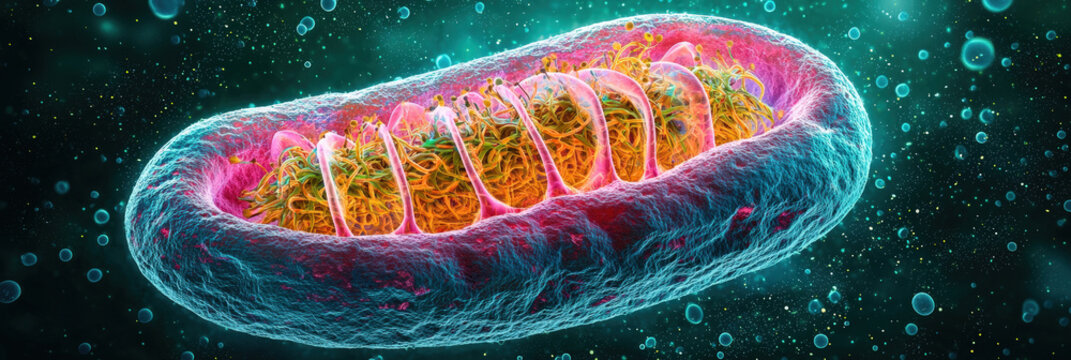 Mitochondrion structure with intricate details, showcasing energy production within cell. vibrant colors highlight its importance in cellular respiration and metabolism