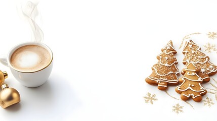  a cup of coffee and some cookies on a table with decorations and a gold ornament on it