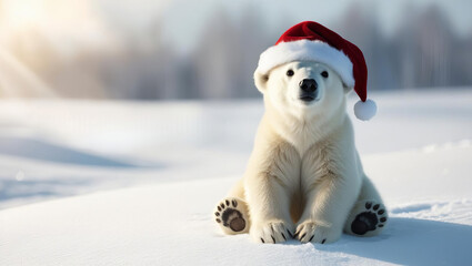 Fototapeta premium playful polar bear wearing Santa hat sits in snow, evoking festive winter spirit. bright white snow contrasts with red hat, creating cheerful holiday scene