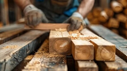 Craftsman in workshop skillfully shaping wooden planks, showcasing beauty of woodworking tools and art of carpentry, surrounded by sawdust and lumber.