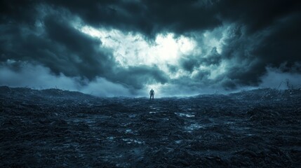 Resilient Warrior in Dark Fantasy Battle Scene | 3D Render of Lone Fighter Defiant Against Stormy Sky | Ultra-Detailed Digital Artwork