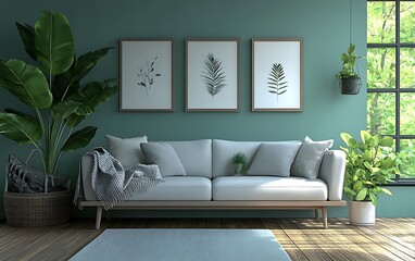 Modern living room with plants and artwork for a calming atmosphere.