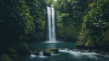 A lush green waterfall in a tropical forest.