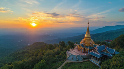 View of a temple on a hill with beautiful sunset light.