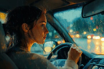Young woman driving car at night in the rain