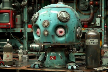 A quirky blue robot with large eyes sits in a cluttered workshop surrounded by various tools and machinery