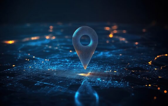 Futuristic Digital Location Pin With Network Connections Over Urban Landscape at Night Depicting Modern Navigation Technology and Mapping Innovations