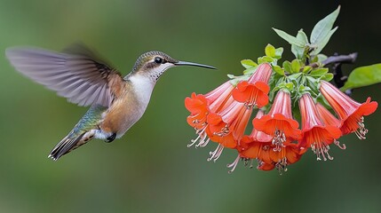 Hummingbird Hovering Near Red Trumpet Flowers for Nectar