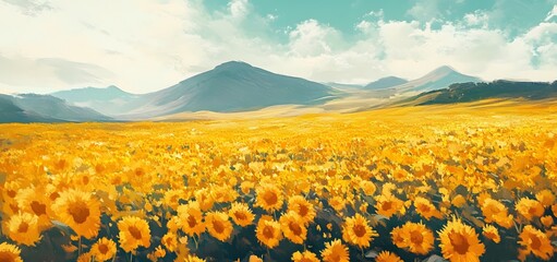 Fototapeta premium Sunflowers Bloom Abundantly In A Mountain Valley Landscape