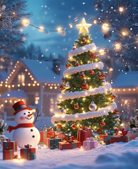 christmas tree and snowman