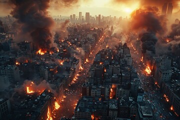 Fototapeta premium Aerial view of a city engulfed in flames during a massive urban disaster at sunset