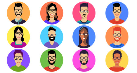 Retrato de dibujos animados de personas de diferentes razas. Set vectores de personas de colores llamativos.