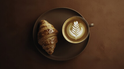 Coffee and Bakery : delicious croissant and latte art on brown plate