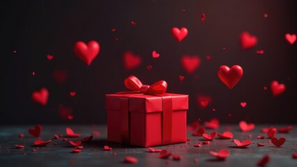 A red gift box with a bow sits on a dark surface surrounded by falling red hearts. Concept of a romantic Valentine's Day gift.