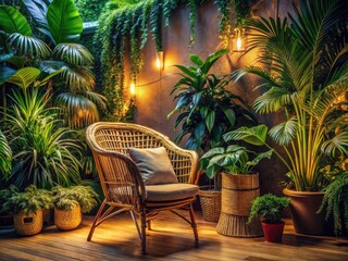 Fototapeta premium Cozy Indoor Space with Rattan Chair and Lush Green Plants in Low Light, Perfect for Relaxation and Serenity - Ideal for Home Decor Inspiration and Nature Lovers