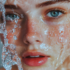 A close-up of a young woman's face with water droplets, highlighting her clear skin and striking blue eyes, creating a fresh and captivating aesthetic.