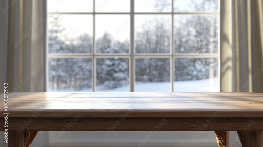 Poster a wooden table with a window in the background