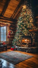 Cozy holiday scene with a stunning Christmas tree in a log cabin living room.