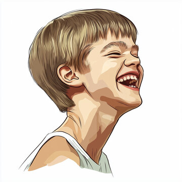 teenage boy laughing heartly, squinting his eyes, exactly the same pose as reference, side view shot, cartoon style