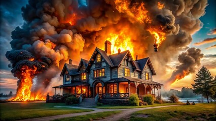 French House Fire, Realistic AI Photo, Dramatic Flames, Architectural Disaster, Fire Damage