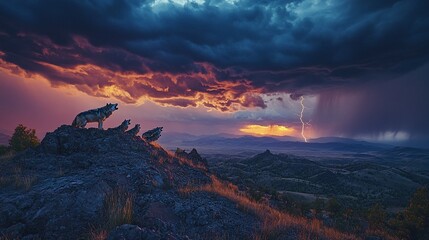Fototapeta premium Wolf Pack Howling on Ridge with Approaching Thunderstorm