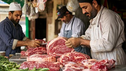 A market vendor offering fresh halal beef cuts, with a butcher carefully cutting and packaging the meat for customers, perfect for grocery stock photos