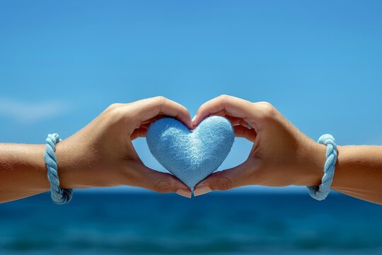 Two hands forming a heart shape with a soft blue object on a sunny beach with clear skies and gentle waves in the background