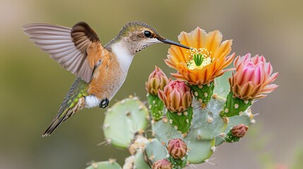 Fototapeta premium Hummingbird Feeding on Cactus Flower in Desert Landscape