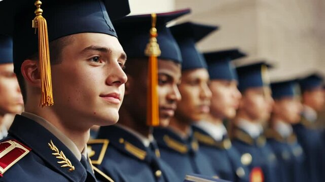 A military academy graduation ceremony, with soldiers in uniform receiving diplomas, highlighting the successful completion of military education programs