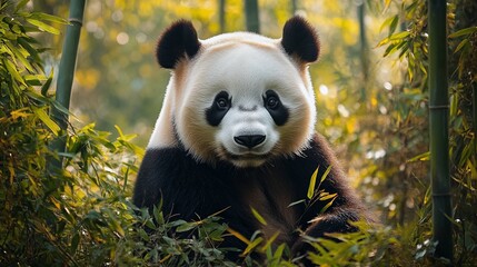 Obraz premium Panda Bear Eating Bamboo in a Chinese Forest