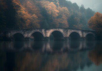 Stone Arch Bridge Reflecting in Autumnal Foggy Lake