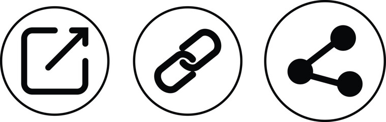 Icon set of links. Link, share link, external link black vector icon set. Redirecting links button. Web UI design. Isolated URL signs